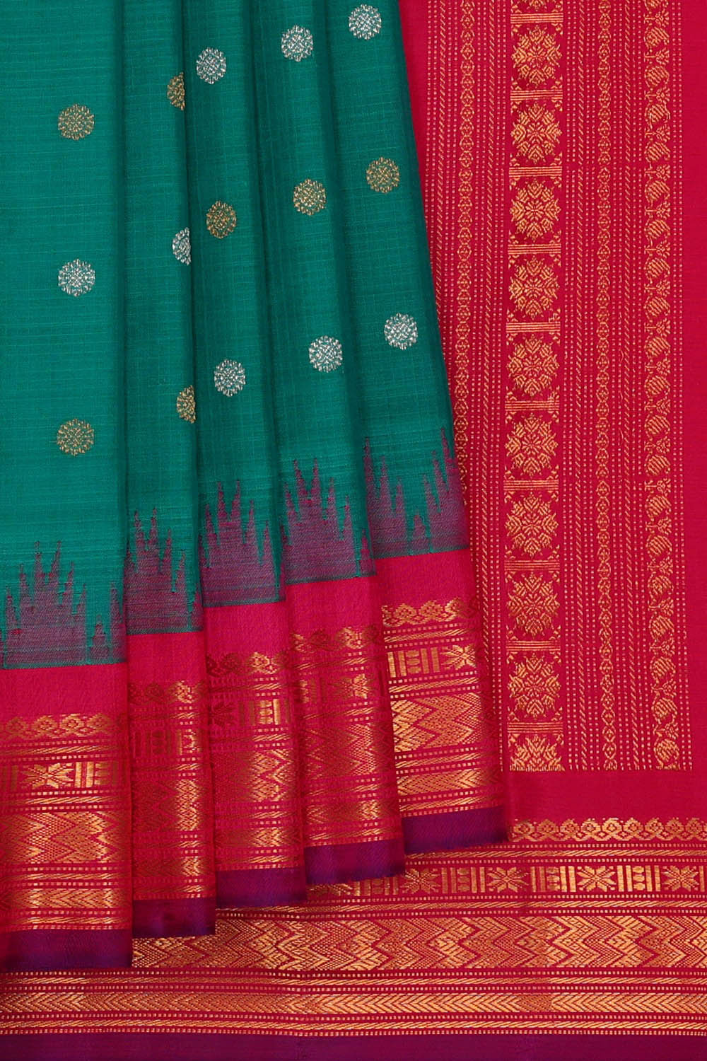 Image of Gadwal Silk Cotton Peacock Green Saree